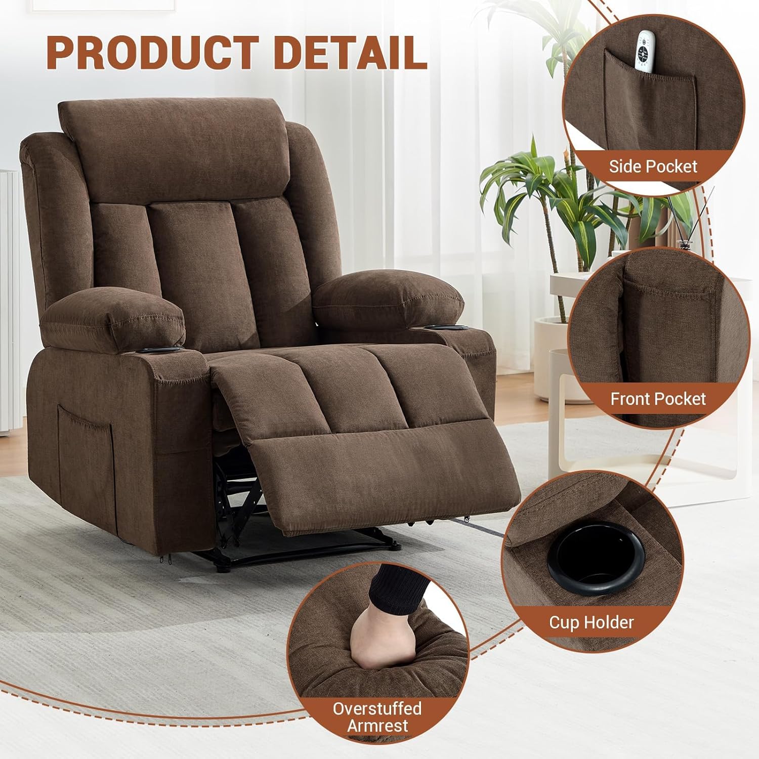 Garvee Recliner Chair 24" Seat Width, Manual Reclining Sofa with Massage and Heat, Comfy Overstuffed Rocking Chair with Side Pockets, Front Pockets and Cup Holder for Living Room, Brown