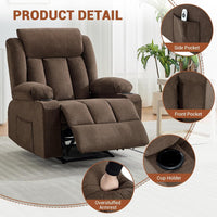 Garvee Recliner Chair 24" Seat Width, Manual Reclining Sofa with Massage and Heat, Comfy Overstuffed Rocking Chair with Side Pockets, Front Pockets and Cup Holder for Living Room, Brown