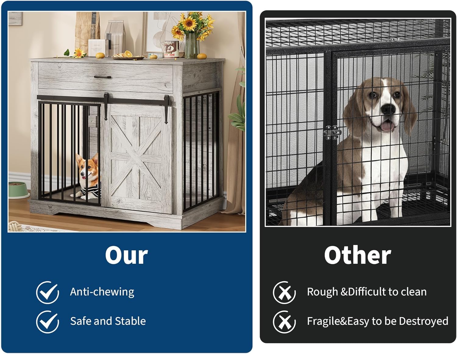 Garvee 37.8"W Dog Crate Furniture for Small/Medium Dogs, 2-in-1 Iron-Wood Fusion Dog Cage Indoor As Side End Table, Farmhouse Dogs Kennel with Sliding Barn Doors & Storage Drawer, Gray