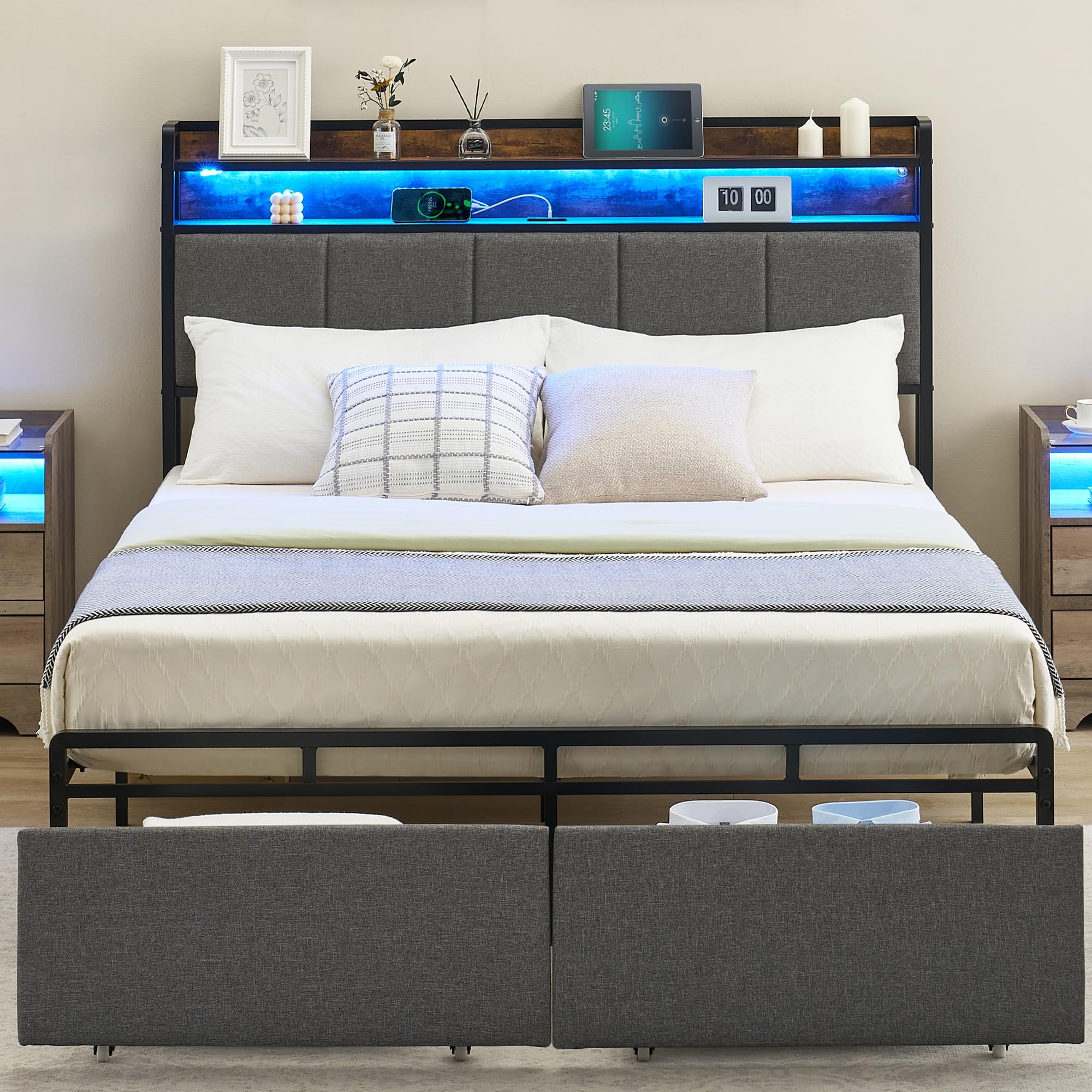 Queen bed frame with storage drawers, LED-lit headboard, and USB charging ports, gray.