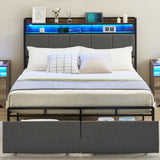 Garvee Queen Bed Frame with 2-Tier Storage Headboard, Upholstered Platform Bed Frame with 2 Storage Drawers, Built in Charging Station & LED, Noise-Free/Metal Support/No Box Spring Needed, Brown - Brown