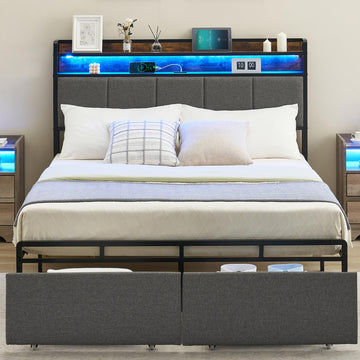 Queen bed frame with storage drawers, LED-lit headboard, and USB charging ports, gray.