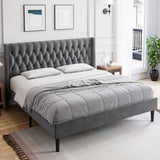 Garvee Full Size Bed Frame with Tufted Wingback Headboard, Wooden Slats, Noise-Free, Light Grey, Fits Standard Mattresses, Easy Assembly - grey