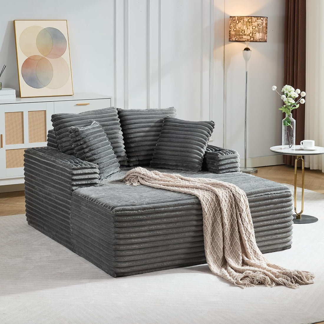 Garvee 64" Oversized Chaise Lounge Chair, Upholstered Boneless Sofa Bed with Throw Pillows, Cup Holders and Armrests, Comfy Corduroy Sleeper Couch for Apartments, Living Room, Bedroom, Gray