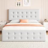 Garvee Queen Size Bed Frame with 4 Storage Drawers and Headboard, Faux Leather Upholstered Platform Bed Frame with Wooden Slats Support, Button Tufted Design, No Box Spring Needed, White - Pure white PU(AX-1)