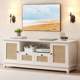 Garvee Modern Rattan TV Stand for 65+ Inch TV, MDF Wood, Adjustable Shelves, Cable Management, 2 Drawers, Living Room - White