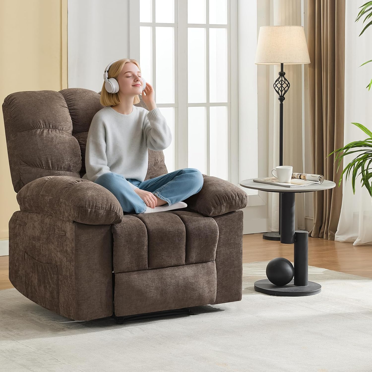 Garvee Recliner Chair with Massage and Heat, Single Sofa Wide Rocker Chair, Heat Ergonomic Overstuffed Breathable Fabric Reclining Chair with 2 Side Pockets, Remote Control, Living Room, Coffee