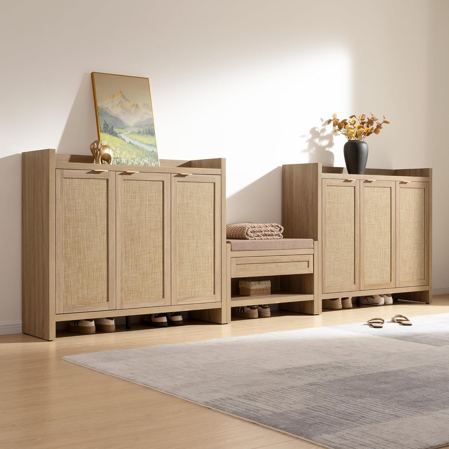 Garvee Boho 47" Rattan Shoe Storage Cabinet with 3 Doors and Adjustable Shelves for Hallway Living Room, Light Oak