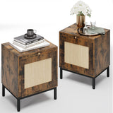 Garvee Rattan Night Stand of 2, Retro End Table with Storage Cabinets and Tray, Side Table with Sturdy Metal Legs for Bedroom, Living Room, Office, Brown - Brown