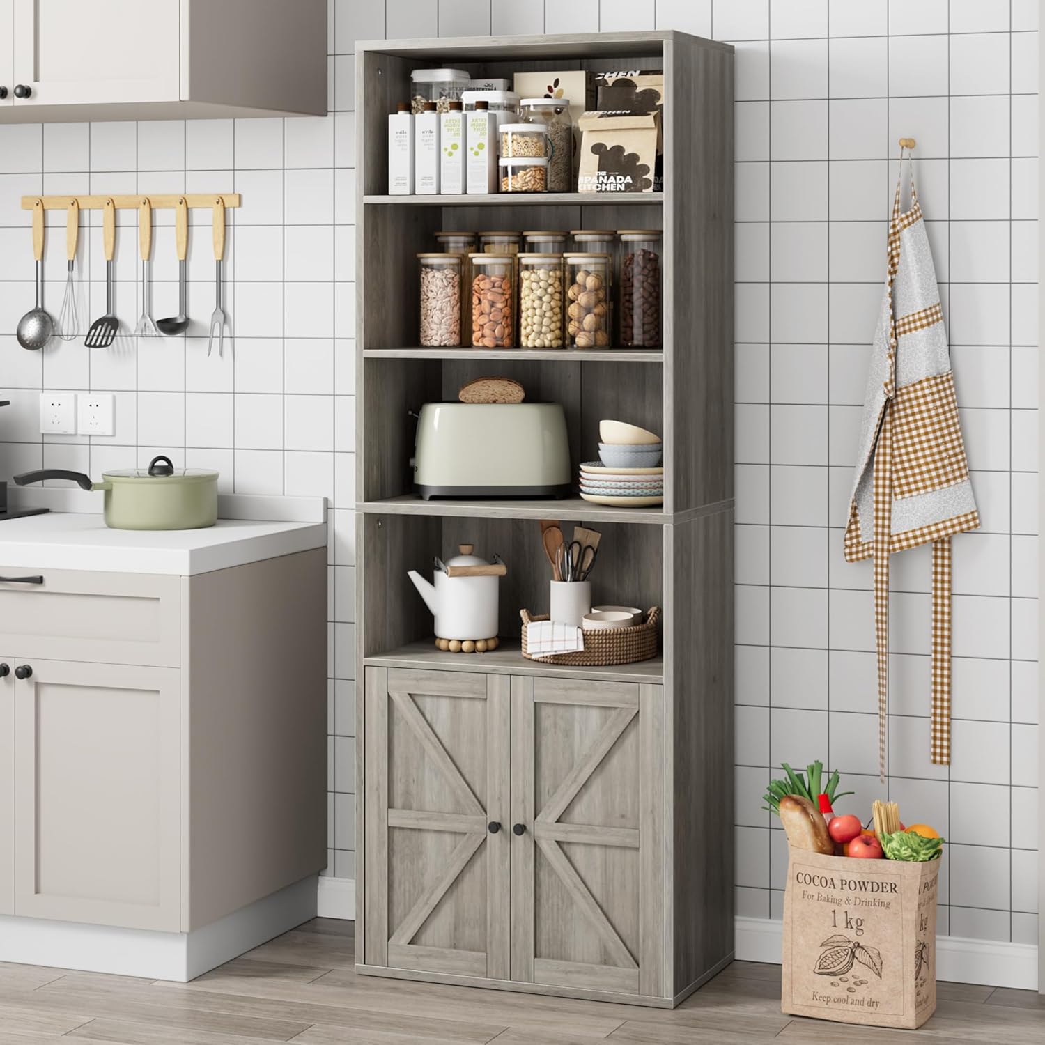Garvee Industrial Bookshelf Bookcase with Doors & 11.8in Depth Display Storage Shelves, 71.4in Tall Farmhouse Bookcases Wooden 6 Shelf Bookshelvels for Bedroom, Living Room, Home Office, Gray