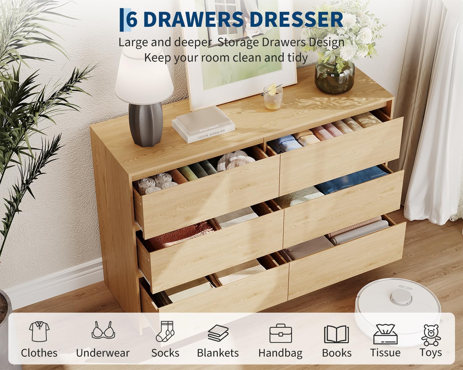 Garvee 6 Drawers Dresser for Bedroom, 47" Wide Wood Dressers & Chests of Drawers with Handle-less Design Design, Wooden Storage Organizer Cabinet for Living Room/ Home/Farmhouse(Natural Oak)