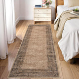 Garvee Vintage Border Runner Rug Non Slip Kitchen Runner Mat 2x6 Brown Low Pile Stain Resistant Boho Area Rug for Hallway Living Room Bedroom Dining Room - Brown