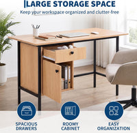 Garvee 47" Home Office Computer Desk with Drawer and Cabinet Storage | Simple Modern Desk for Bedroom, Home Office, Study, Writing, Study Table with Cabinet, Natural Oak+Black