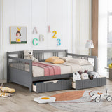 Garvee Full Size Daybed with Safety Guardrails, 2 Drawers, Wood Slat Support Platform Bed for Dorm, Bedroom, Guest Room, Living Room, Gray - Gray