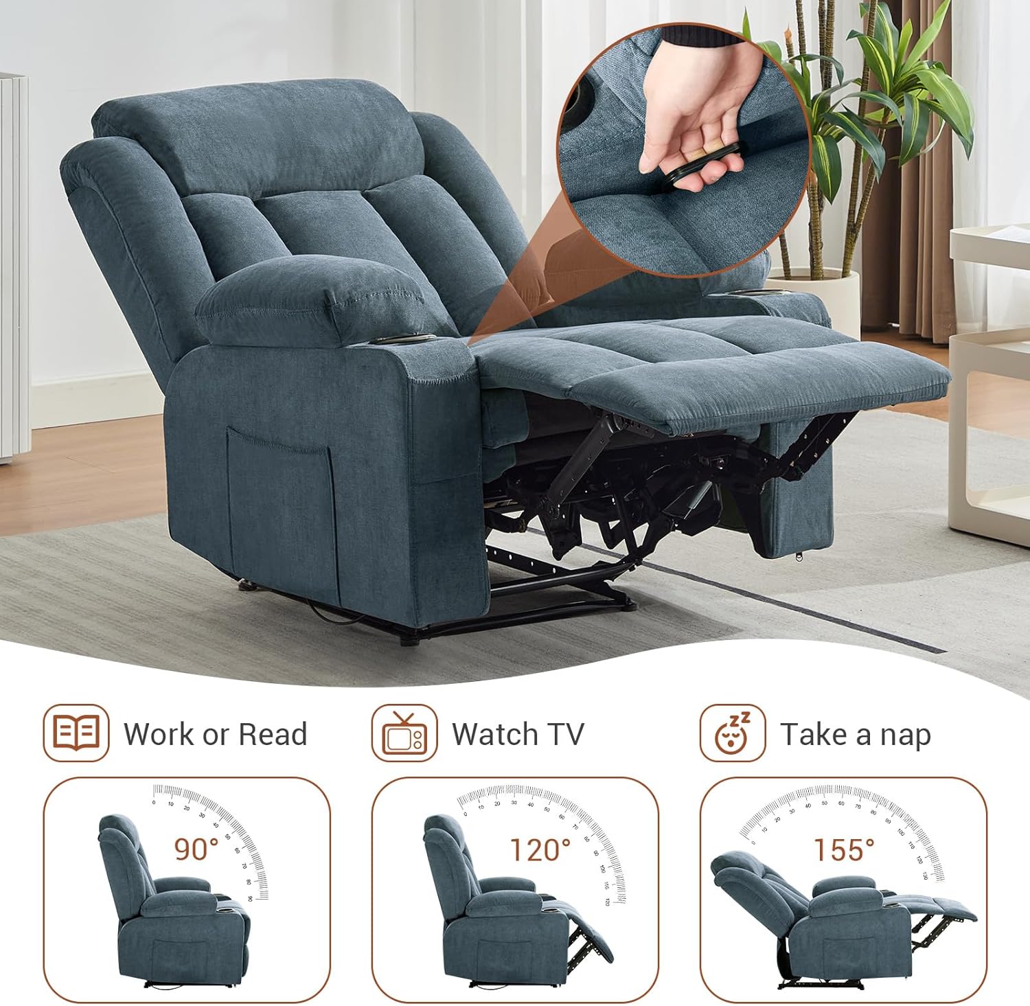 Garvee Recliner Chair 24" Seat Width, Manual Reclining Sofa with Massage and Heat, Comfy Overstuffed Rocking Chair with Side Pockets, Front Pockets and Cup Holder for Living Room, Blue