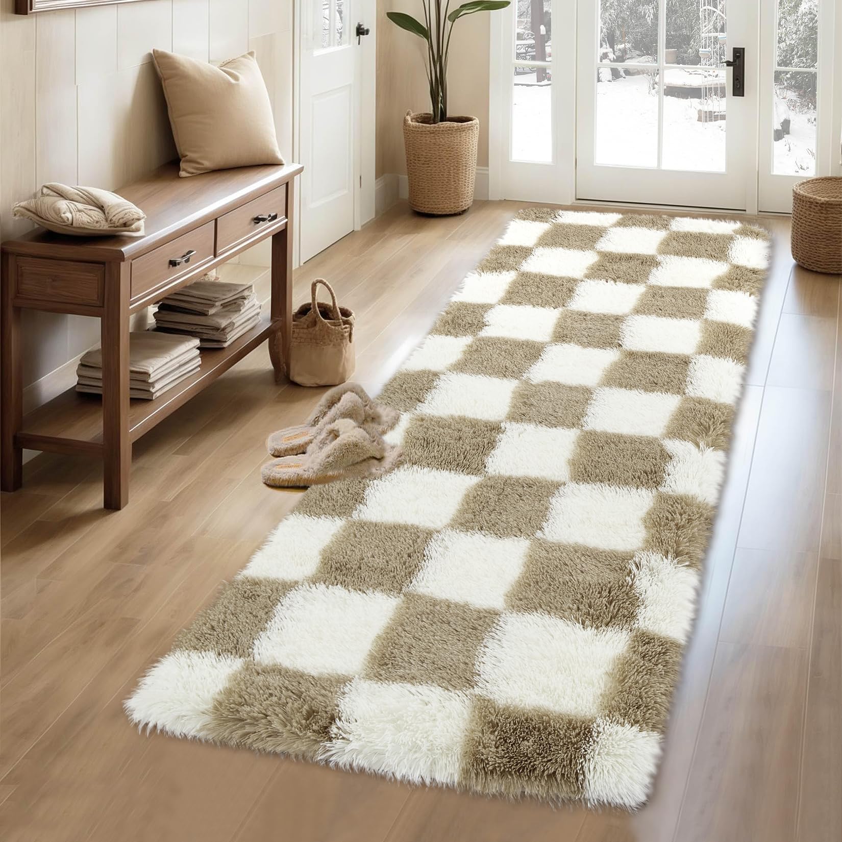 Garvee Plush Runner Rug 2x6 Shaggy Checkered Rug Runners Brown for Liv