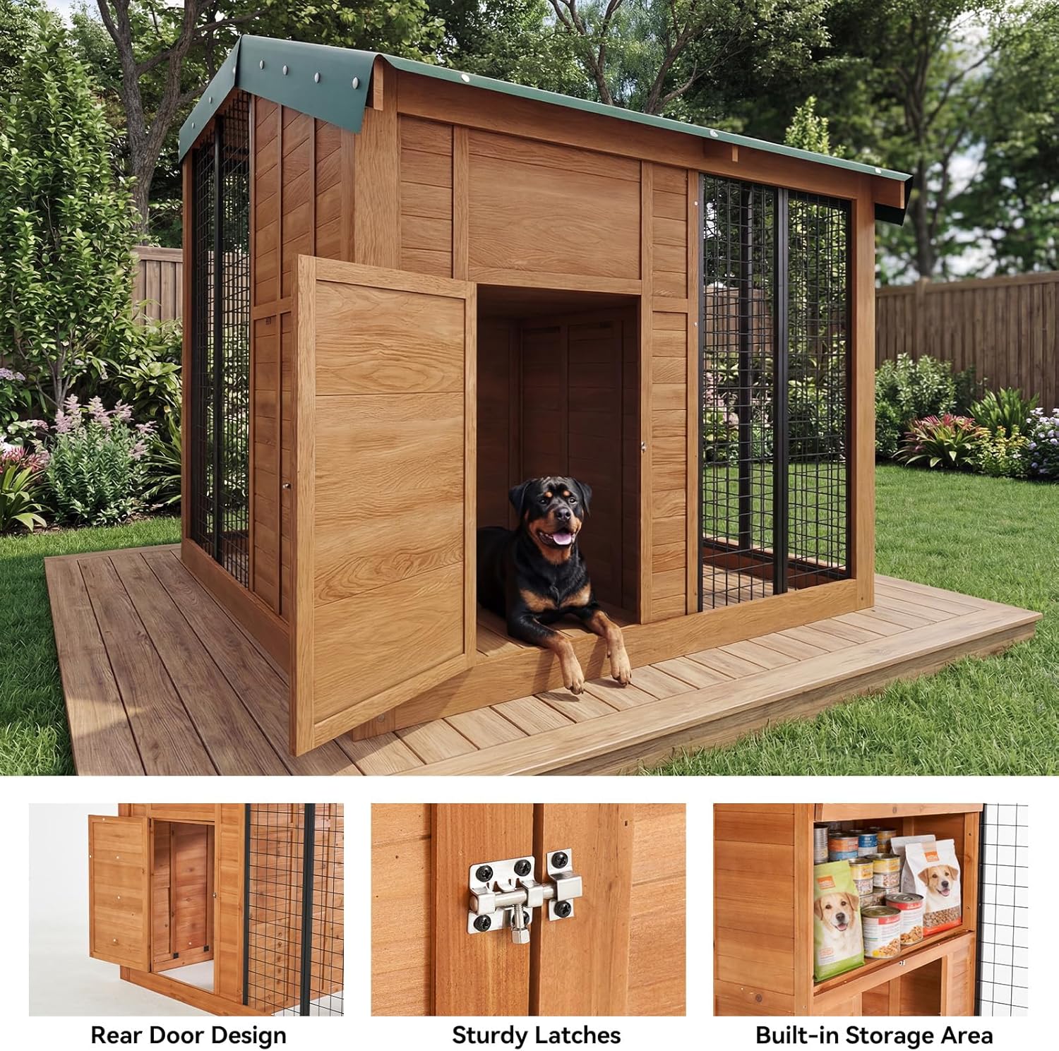 Natural wood dog kennel shown with rear door, latch details, and built-in storage area