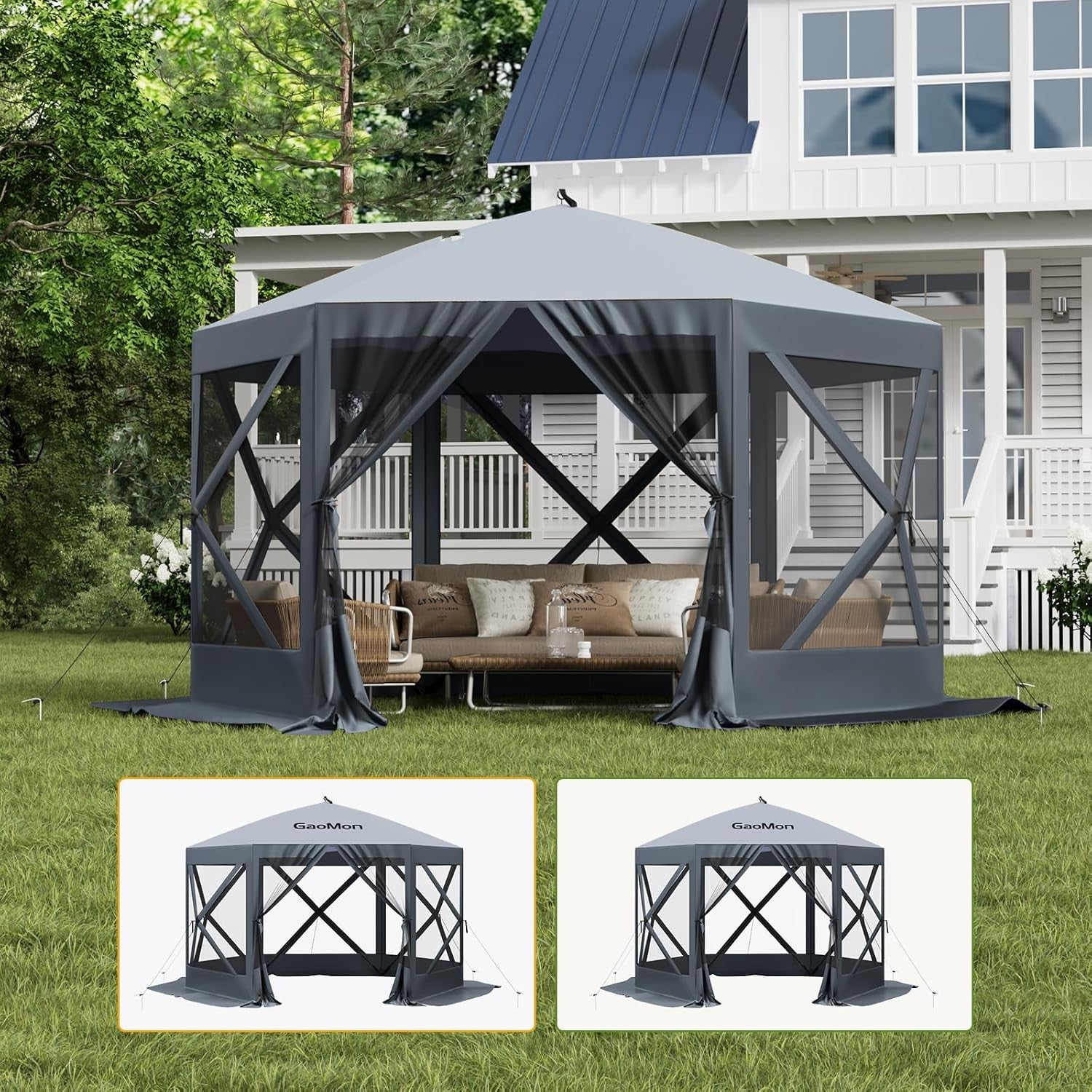 Garvee 12x12ft Camping Gazebo, Portable Pop Up Canopy Screen Tent 6 Sided with Mesh Windows and Carry Bag for Camping, Outdoor, Picnic, Backyard Party Outside Activities, Gray