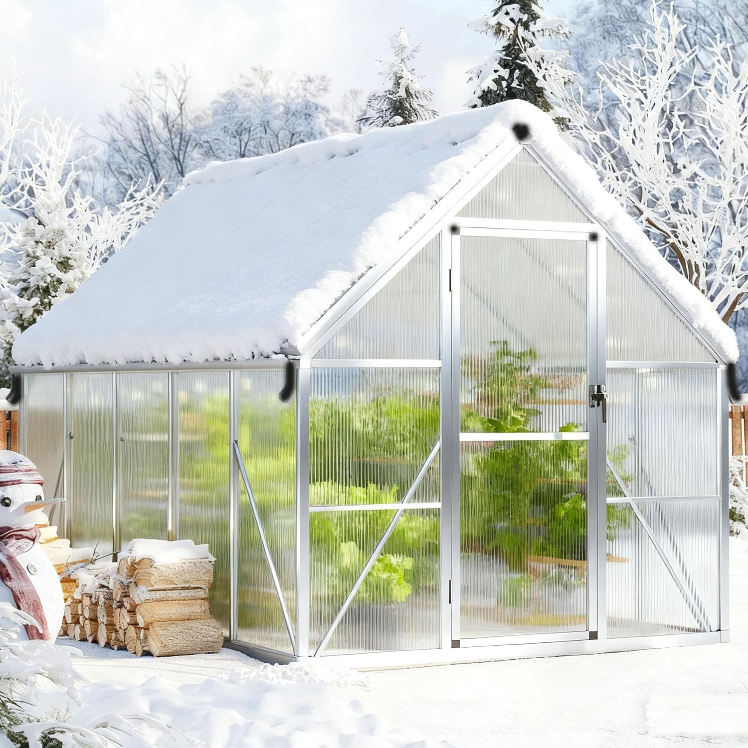 Garvee 8'X10' Silver Large Enhanced Aluminum Greenhouses Kit for Outdoors, Aluminum-Framed Polycarbonate Greenhouse, Heavy Duty Polycarbonate Greenhouse with Quick Setup Structure and Roof Vent