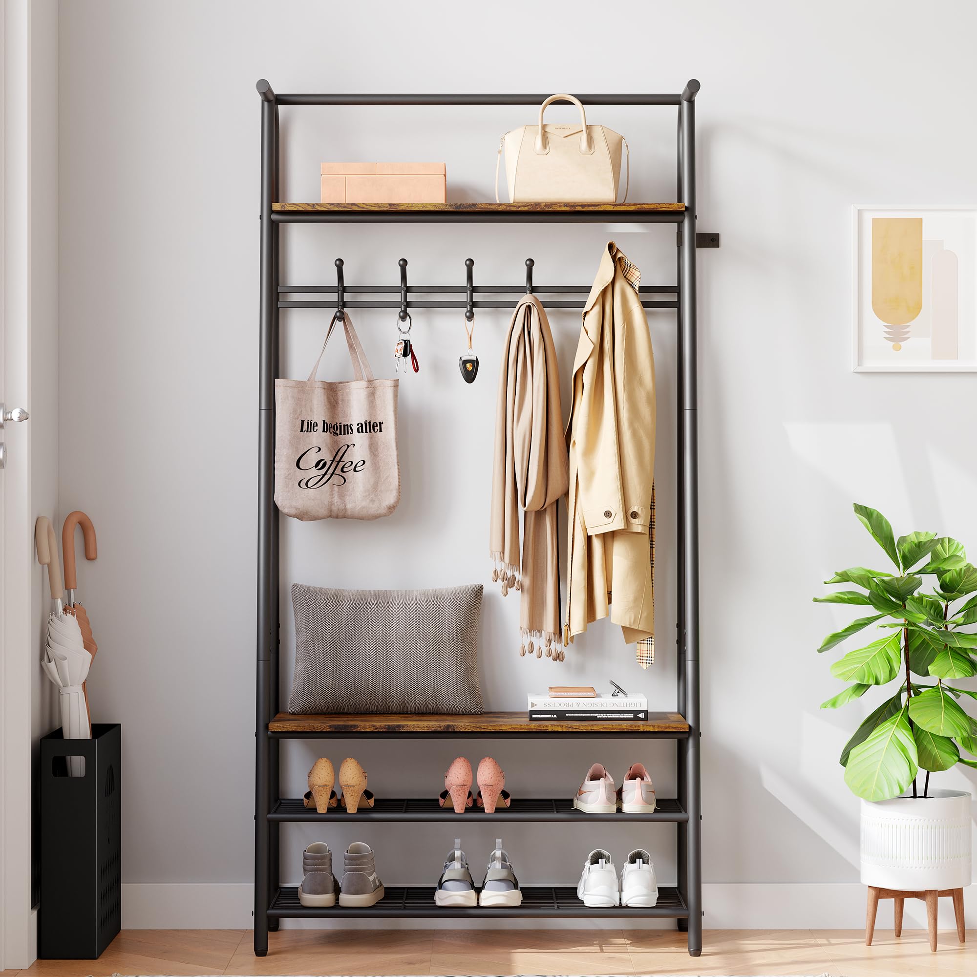 GARVEE 4-in-1 Hall Tree Coat Rack Shoe Bench - Versatile Entryway