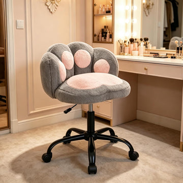 Garvee Cute Cat Paw Vanity Chair – Armless Rolling Desk Chair, Adjustable Height, Swivel Stuffed Fabric Seat, Comfortable Lumbar Support, Kids Room or Bedroom, Color: Gray + Pink