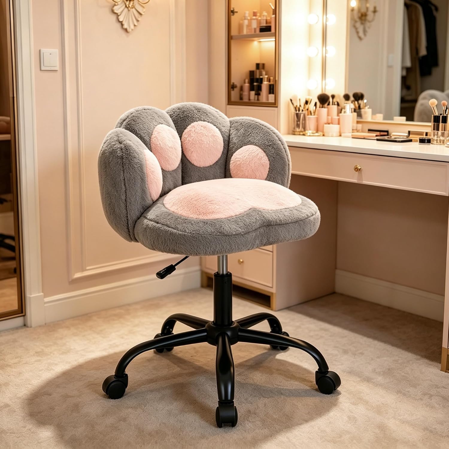 Garvee Cute Cat Paw Vanity Chair – Armless Rolling Desk Chair, Adjustable Height, Swivel Stuffed Fabric Seat, Comfortable Lumbar Support, Kids Room or Bedroom, Color: Gray + Pink