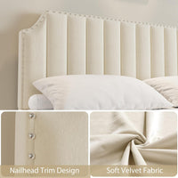 Garvee King Size Platform Bed Frame with 50.2" Headboard, Velvet Upholstered Bed Frame King with Vertical Channel Tufted Headboard & Footboard, Nailhead Trim, No Box Spring Needed, Cream
