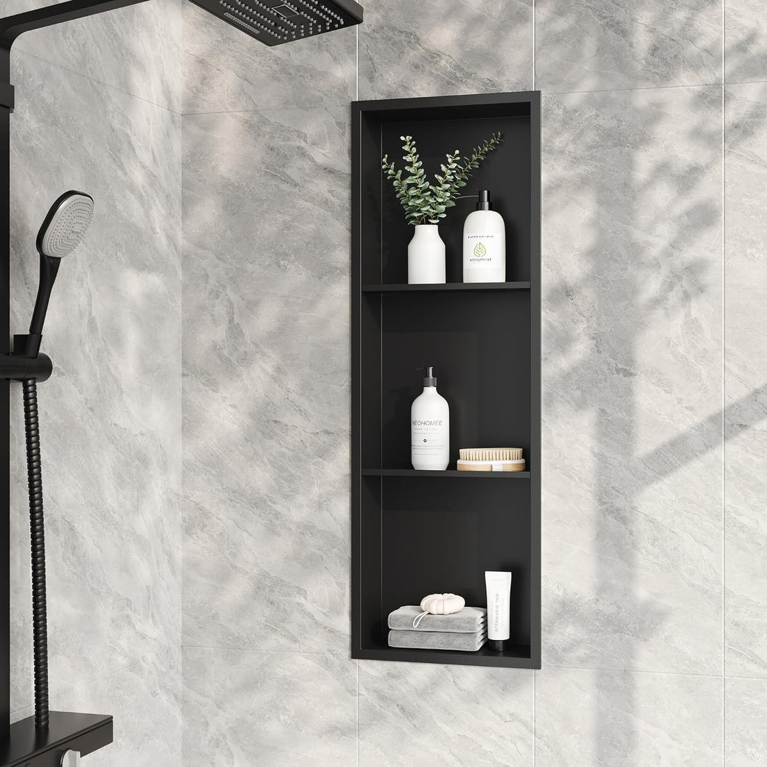 Garvee Stainless Steel Shower Niches Ready for Tile, 12" x 36" Modern Soap Niche, 3-Tier Organizer, No Tile Needed Recessed Wall Niche for Bathroom Storage, Black