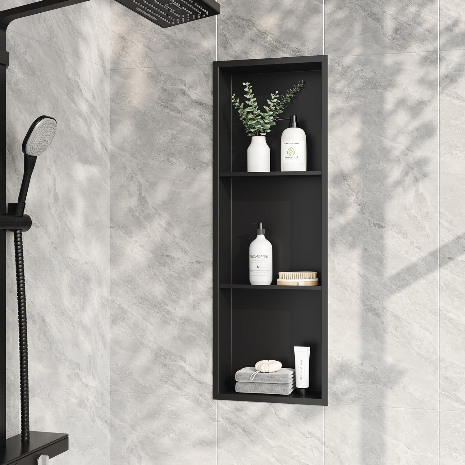 Garvee Stainless Steel Shower Niches Ready for Tile, 12" x 36" Modern Soap Niche, 3-Tier Organizer, No Tile Needed Recessed Wall Niche for Bathroom Storage, Black