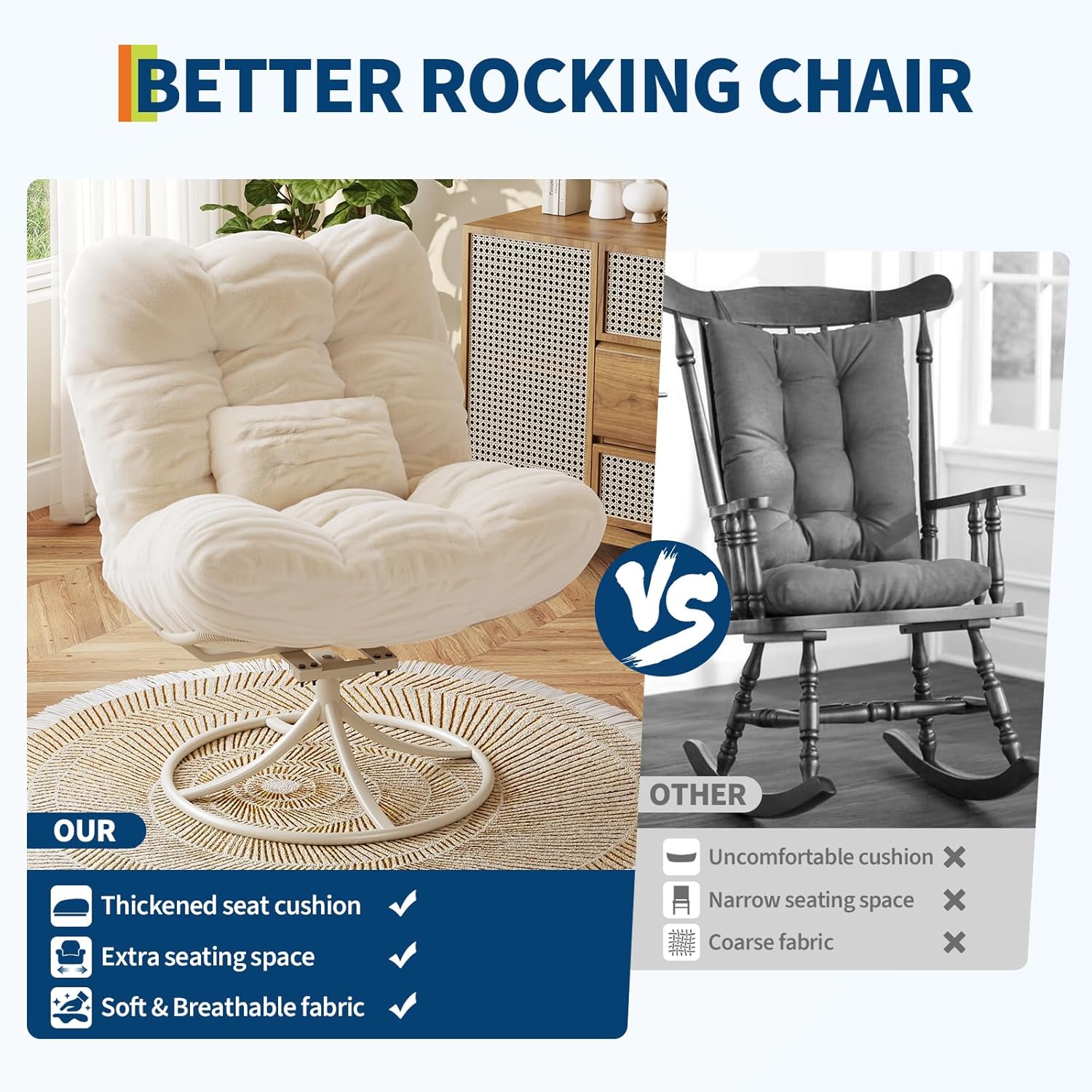 Garvee Oversize 360° Swivel Plush Lounge Chair with Metal Rocking Base, Winter Rattan Rocking Papasan Chair with 6.3" Comfy Deep Seat Thick Cushion for Indoor/Outdoor, Beige