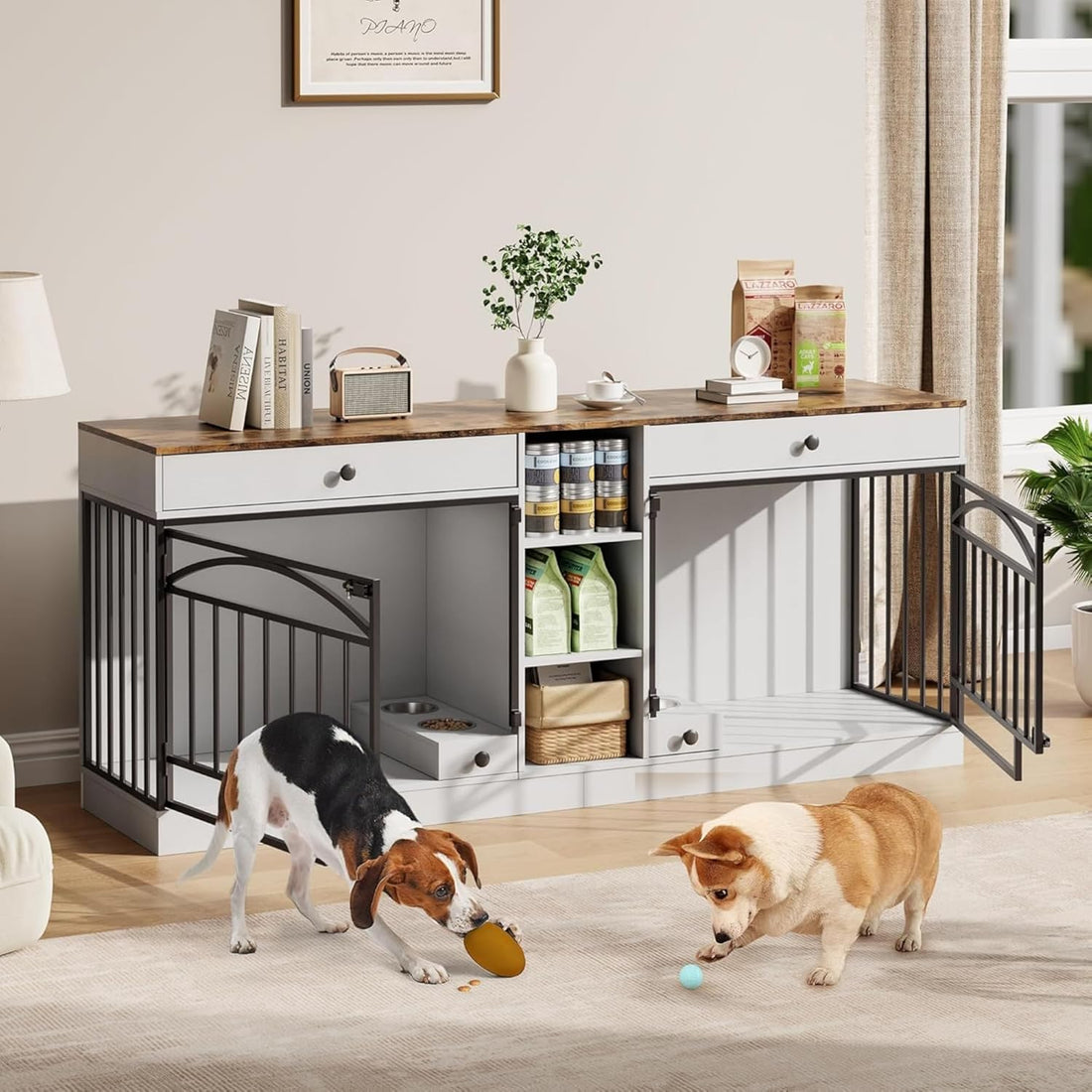 Garvee Dog Crate Furniture for 2 Dogs, 78.7" Large Dog Kennel Indoor with 2 Storage Drawers, 3 Shelves and Feeding Bowls, Double Dog Crate TV Stand for Small and Medium Dogs, White&Brown Top