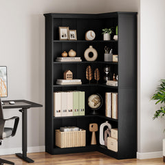 Garvee Corner Bookshelf 72.8in Farmhouse Bookcase Large Bookshelf Wood Bookcase Tall 5 Tier Corner Shelf L Shaped Bookshelf Storage Display Rack Living Room Bedroom (Black, Full Panel) - Full Panel|Black