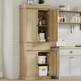 Garvee Kitchen Pantry Cabinet, Tall Storage Cabinet with Rattan Doors and Adjustable Shelves, Freestanding Cupboard with Drawer for Bathroom, Dining Room, Living Room, Natural Oak - Wood color