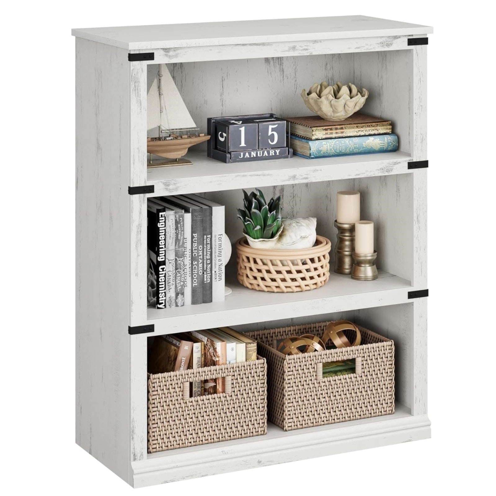 Garvee 3 Tier Bookcase, Farmhouse Book Shelf with Storage Open Display Bookshelves, 43.3" Low Book Case Wooden 3 Shelf Bookcase Home Decor Furniture for Home Office, Living Room, Bed Room - White