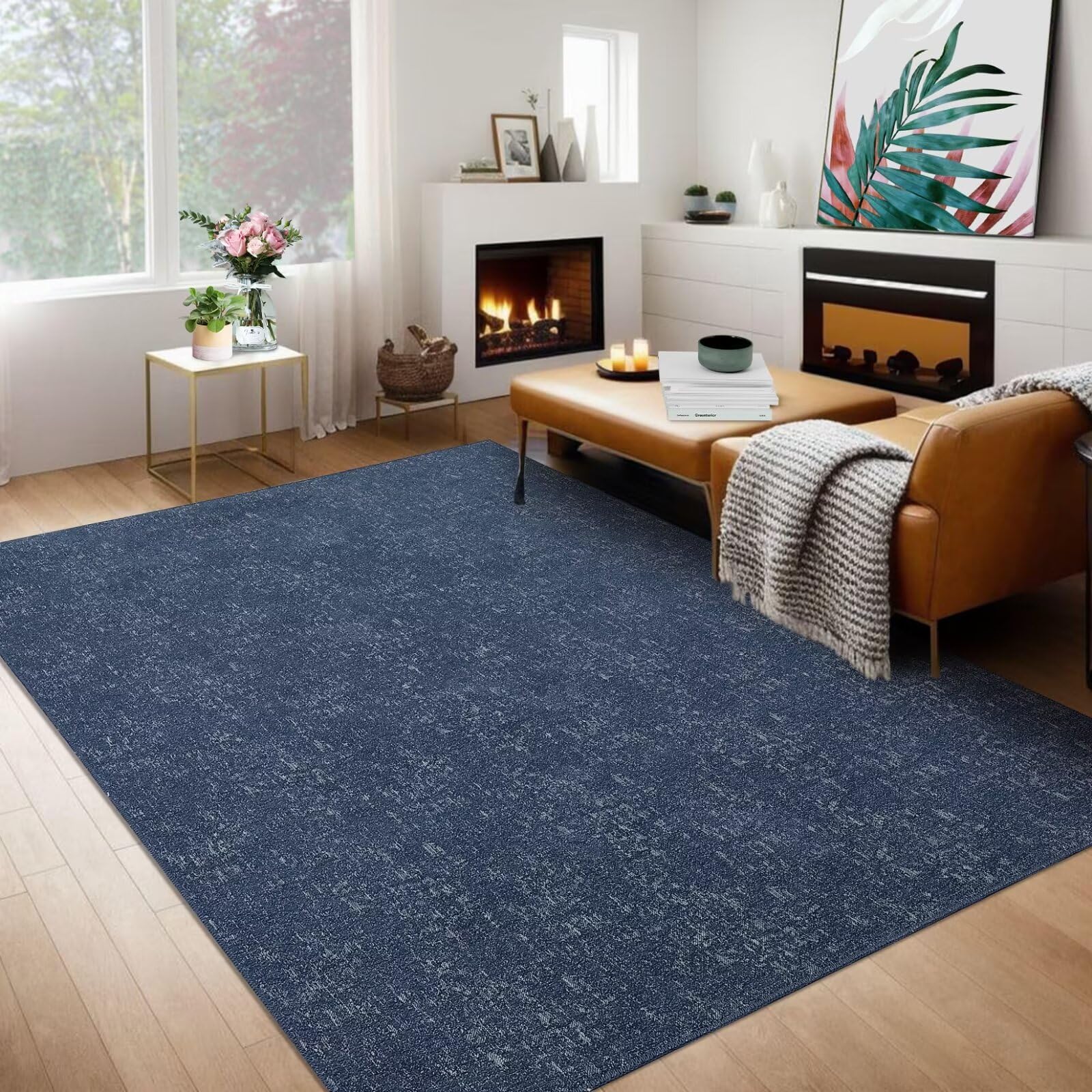 8x10 navy blue living room rug, washable and non-slip, modern low-pile design.