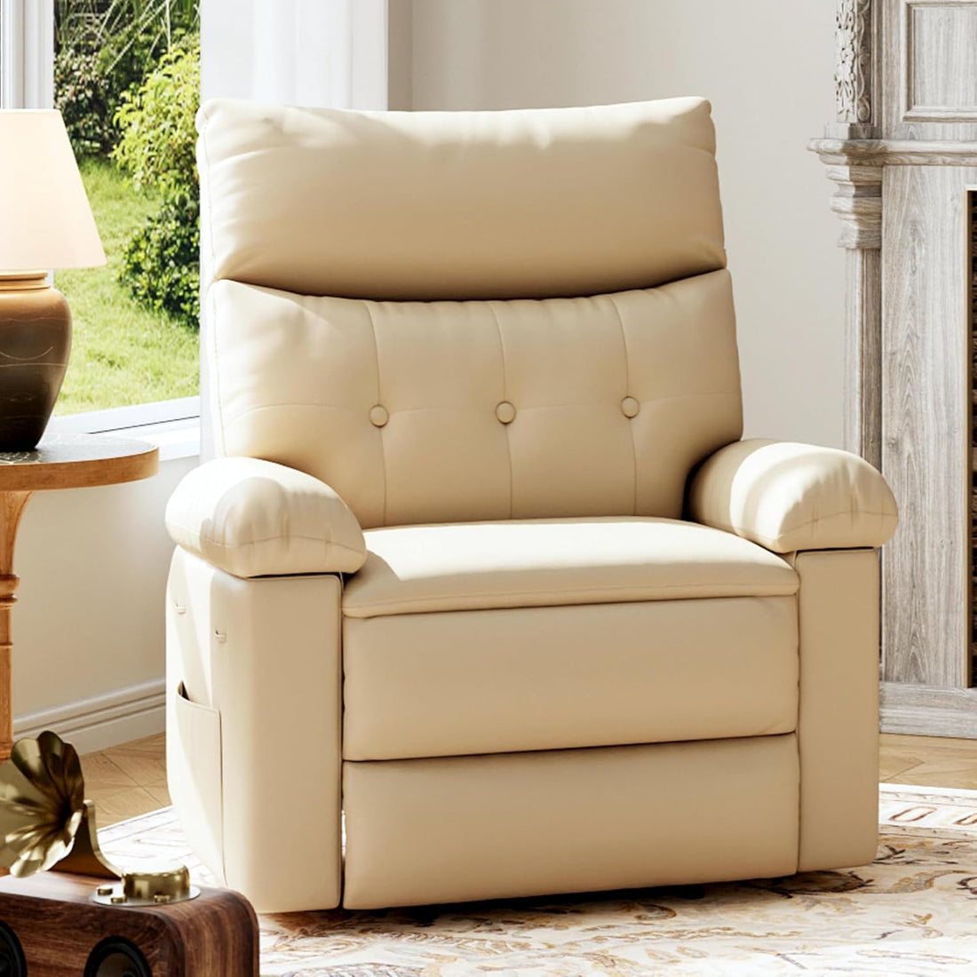 Garvee Recliner Chair for Adults, PU Leather Manual Recliner with Side Pocket, Lazy Chair with 1.5X Sponge Comfort Arm and Back for Living Room, Bedroom, Beige