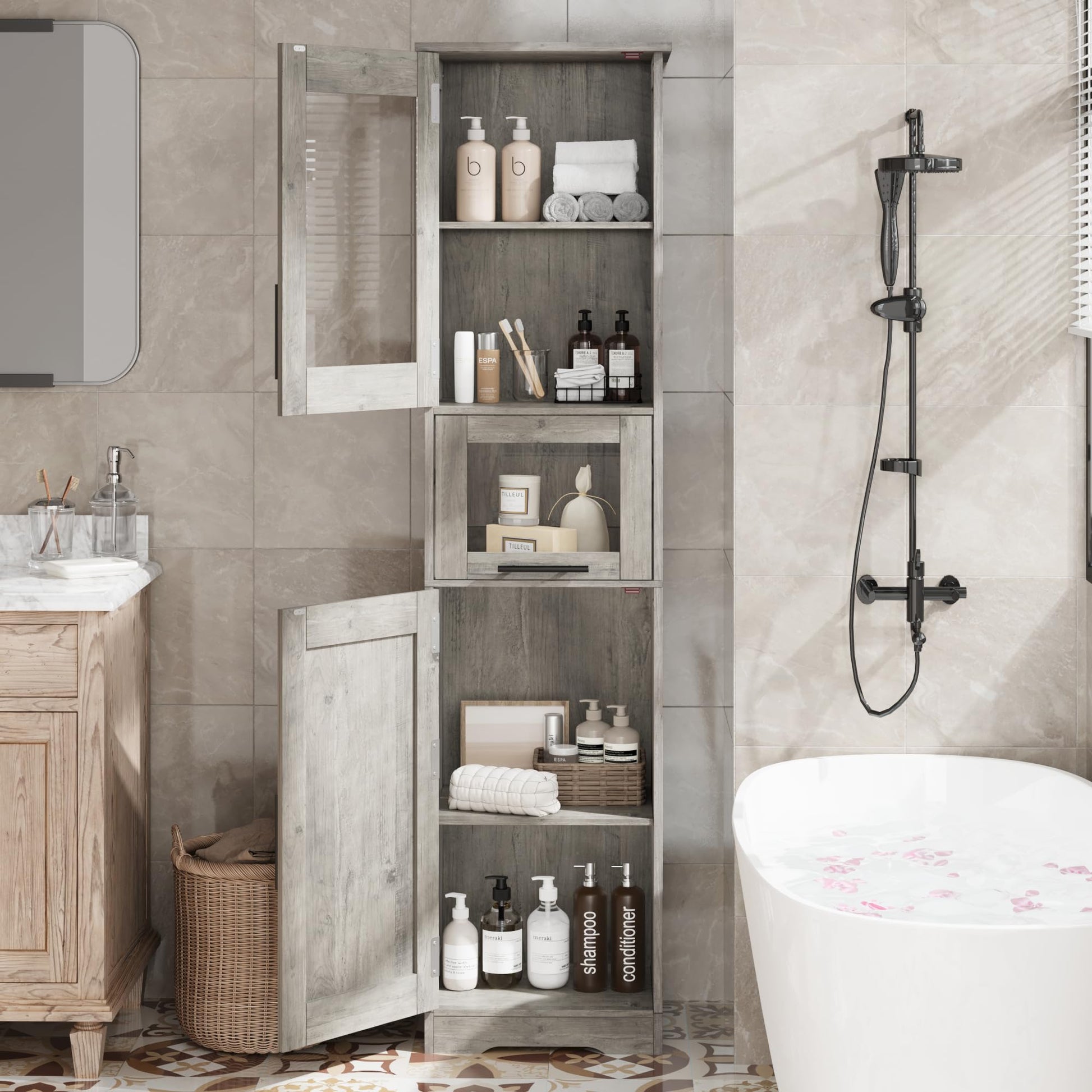 Tall wooden bathroom cabinet with multiple shelves and storage compartments, with open and closed sections, in a bathroom.