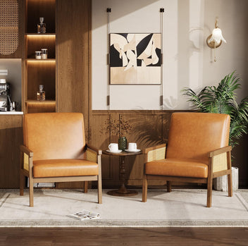 Garvee Mid Century Modern Accent Chair, PU Leather Living Room Chair with Sturdy Wood Legs, Thickened Seat Cushion and PE Rattan Woven Decoration, Armchair for Bedroom, Reading Room, Orange