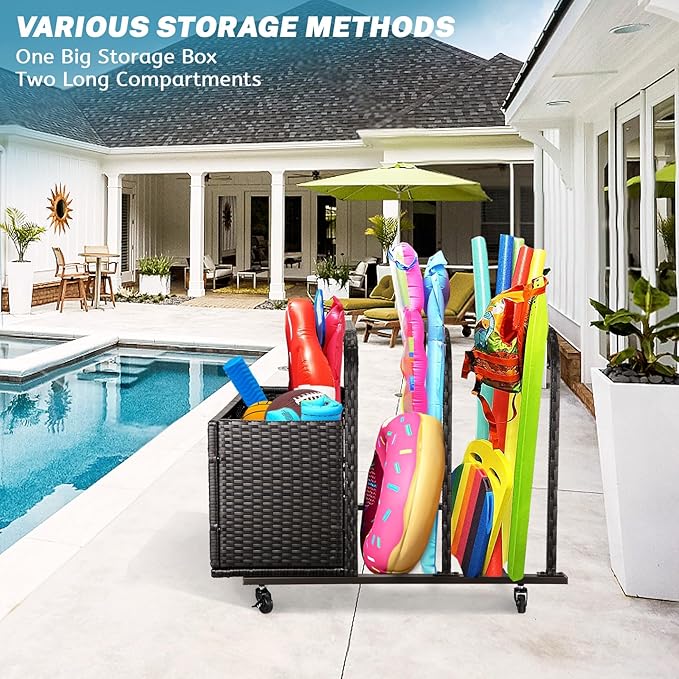 Garvee Patio Poolside Float Storage Basket with Wheels, Outdoor Wicker Poolside Float Storage, Pool Storage Organizer, PE Rattan Outdoor Rolling Pool Caddy for Floaties, Life Vests, Beach Balls, Toys
