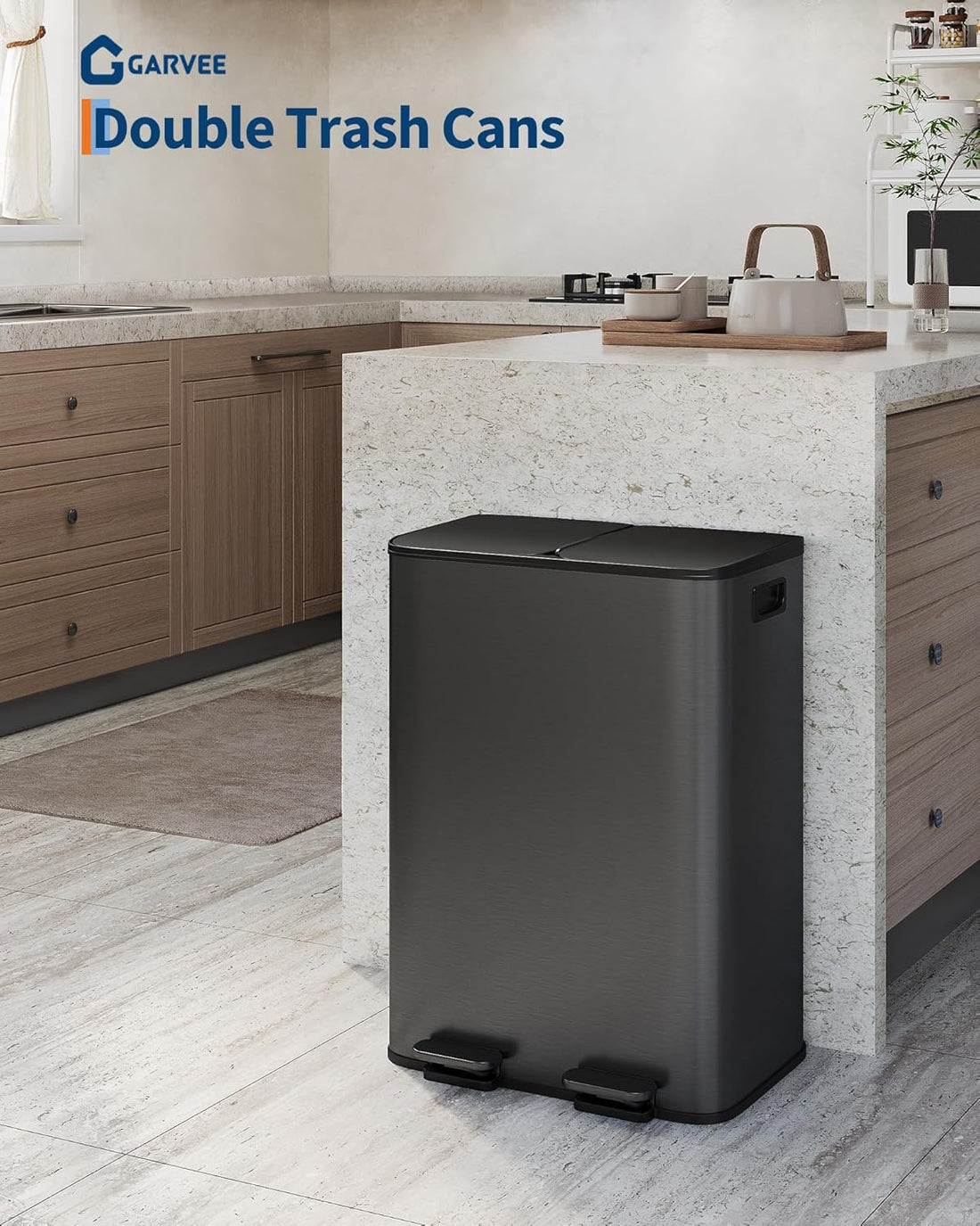 Garvee 2 x 8 Gallon Stainless Steel Double Trash Can Step-on Metal Garbage Cans with Lid for Kitchen, Black