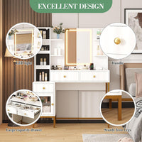Garvee Vanity Desk with Light & Mirror, Vanity Table with Charging Station & Cabinet