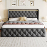 Garvee King Platform Bed Frame with 4 Drawers, Velvet Upholstered Bed Frame with Button Tufted Wings Headboard, King Size Bed Frame with LED Light, Charging Station, No Box Spring Needed, Gray - Gray