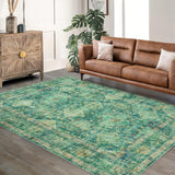 Garvee Area Rugs Vintage Oriental Printed Distressed Design Green 10x13Ft Low Pile Washable Soft Carpet for Living Room Bedroom - Green