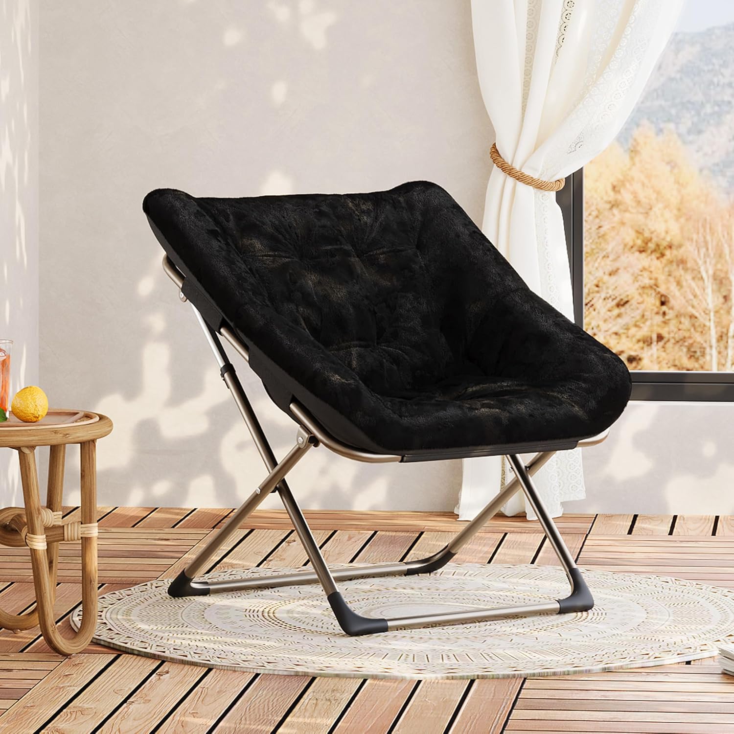 Garvee Folding Saucer Chairs for Adults, Comfy Faux Fur Lazy Chair with Metal Frame, 300 LB Capacity, No Assembly Required for Living Room, Bedroom, Dorms, Black