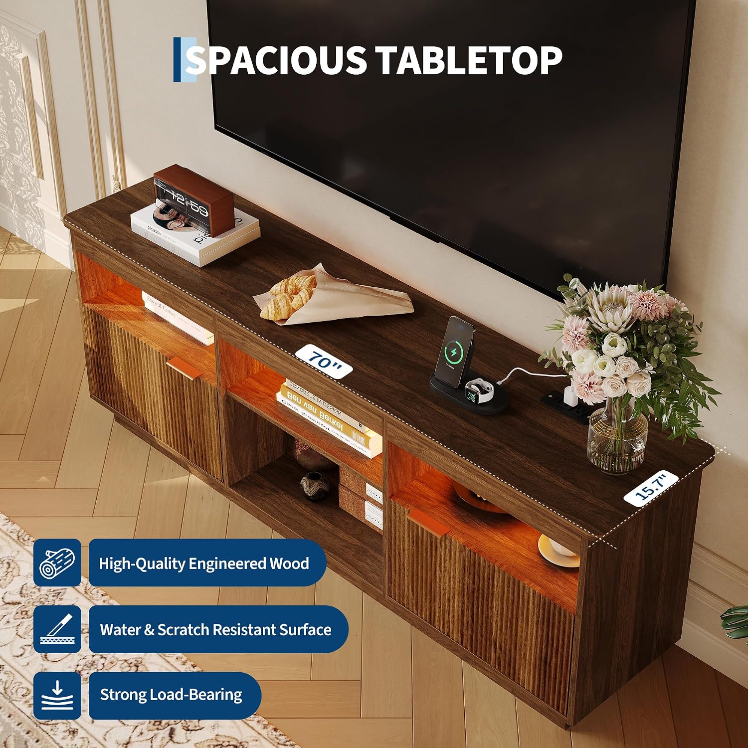 Garvee 70 Inch Fluted TV Stand for TVs Up to 80", Mid Century Modern Entertainment Center with Power Outlet & LED Light, Wood Media Console with Storage Cabinets, Walnut