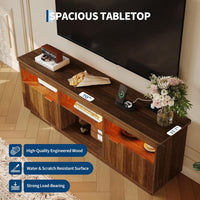 Garvee 70 Inch Fluted TV Stand for TVs Up to 80", Mid Century Modern Entertainment Center with Power Outlet & LED Light, Wood Media Console with Storage Cabinets, Walnut