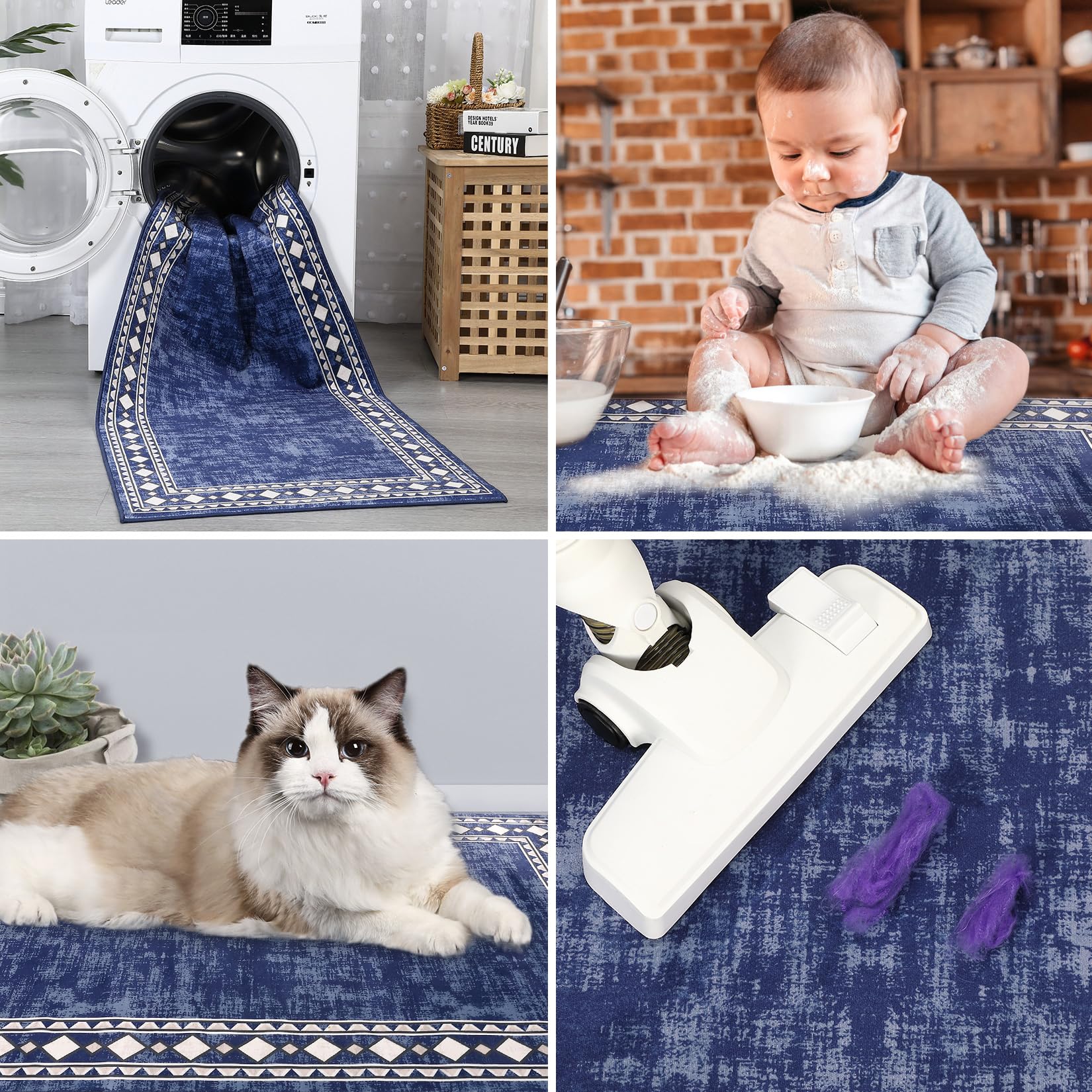 Garvee Bordered Dark Blue 4x6 Machine Washable for Living Room Modern Area Rug, Non-Slip Stain Resistant Accent Rug Indoor Minimalist Border Floor Cover Carpet for Bedroom