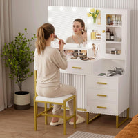 Garvee Makeup Vanity with Stool Charging Station, Vanity Desk with Mirror and Lights, Vanity Table Set with Storage Drawers Shelves, Makeup Dressing Table