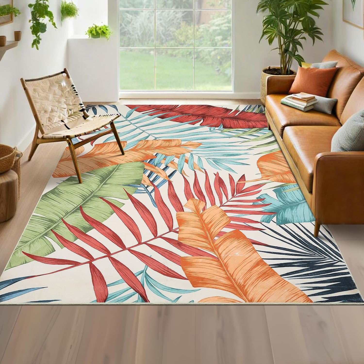Garvee Modern Botanical DesignTropical - Palm Leaf Area Rug , Non Slip, Soft, Washable for Living Room, Bedroom, Office, Non Shedding