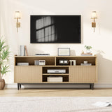 Garvee Wood TV Stand for 65 inch, Boho Entertainment Center with Storage and Fluted Sliding Doors, Fluted TV & Media Furniture TV Console Table for Living Room Bedroom, Coastal Oak - Wood Color